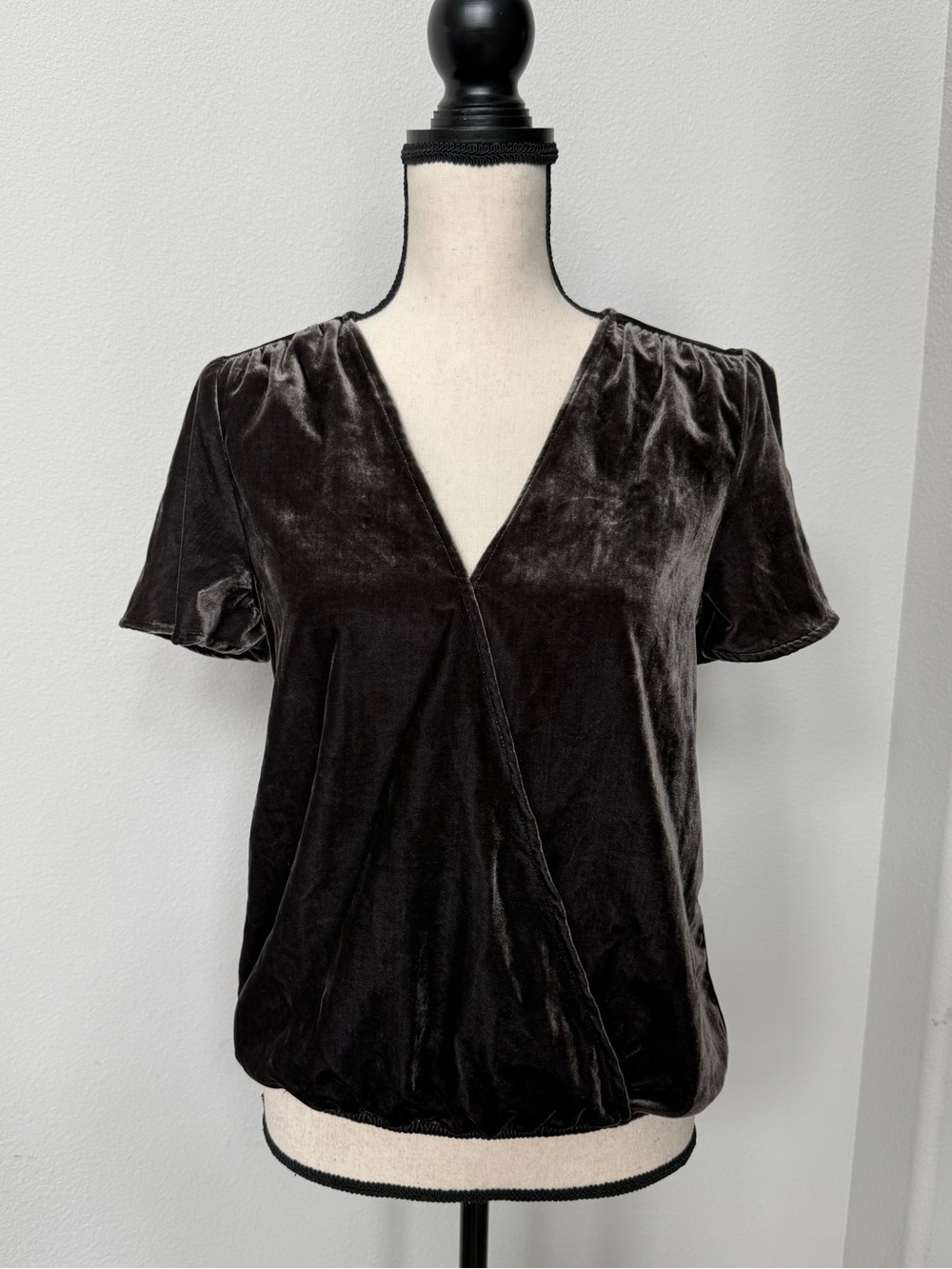 Splendid Gray Velvet V-Neck Short Sleeve Blouse